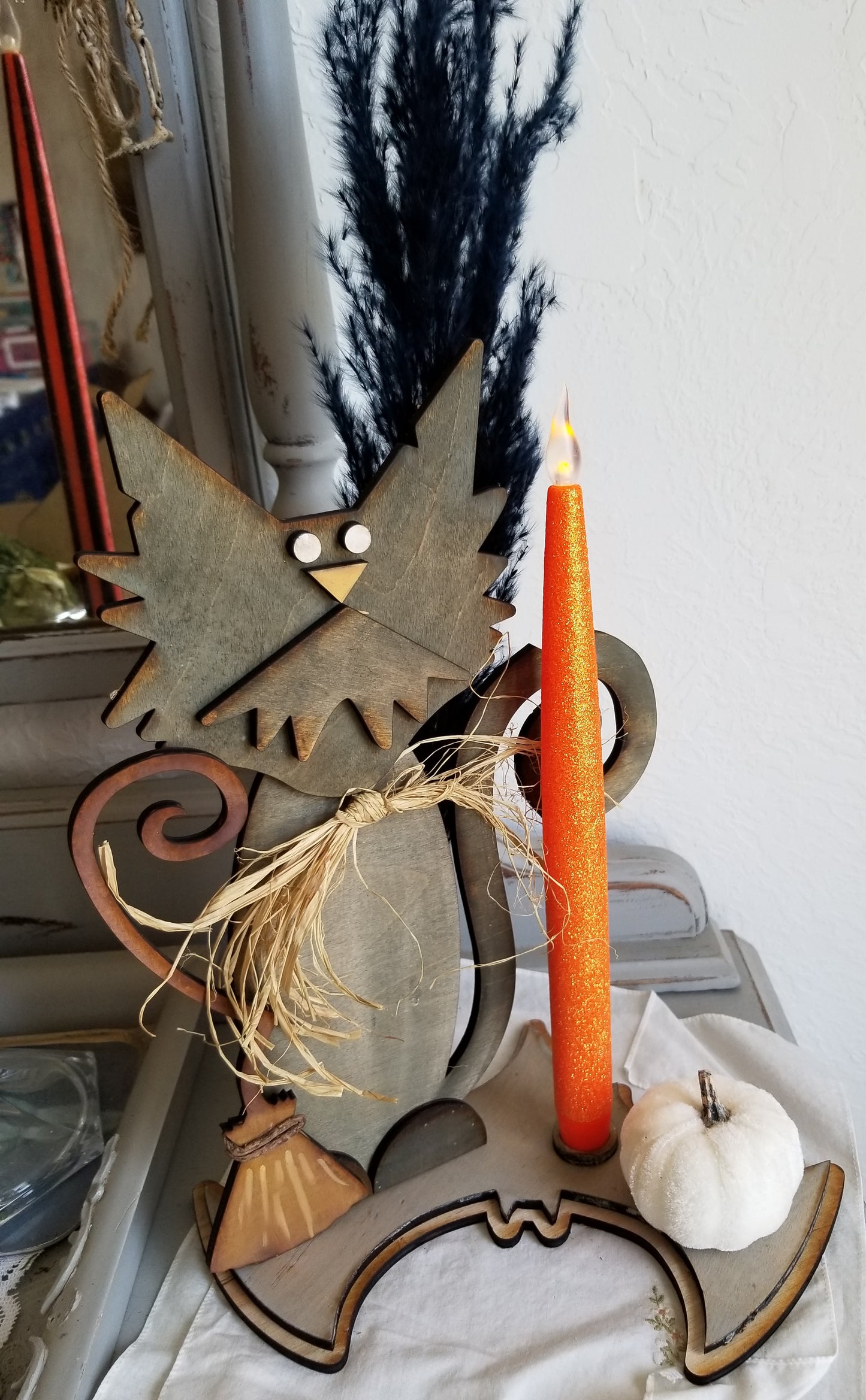 Primitive Cat with Flameless Taper Candle